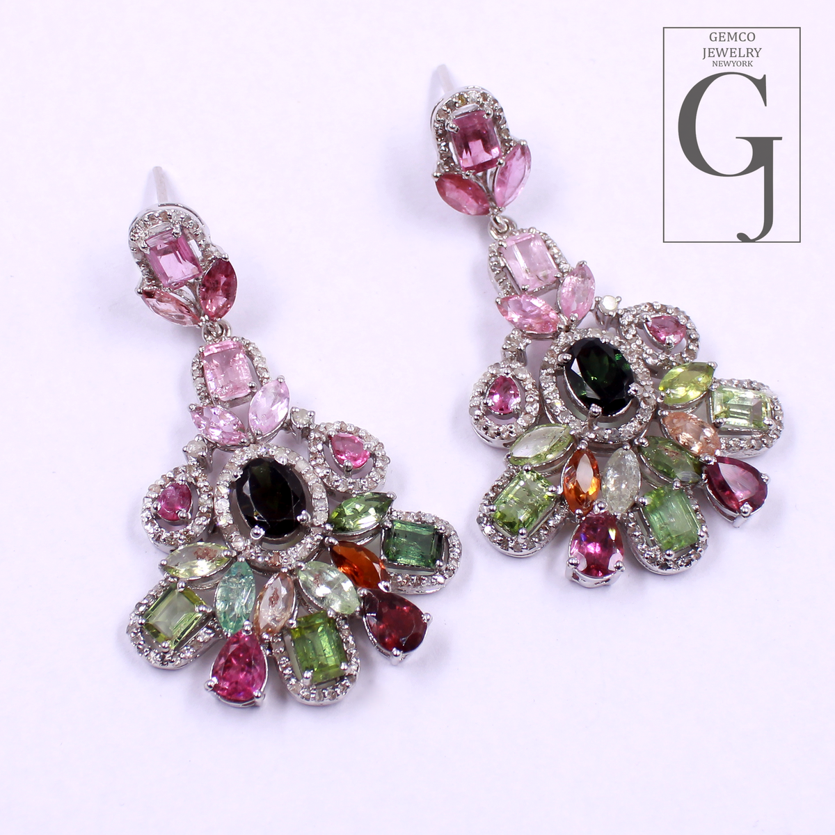 One Of A Kind Multi Tourmaline Earrings With Pave Diamonds 925 Sterling Silver Jewely Handmade Finish Diamond Earrings