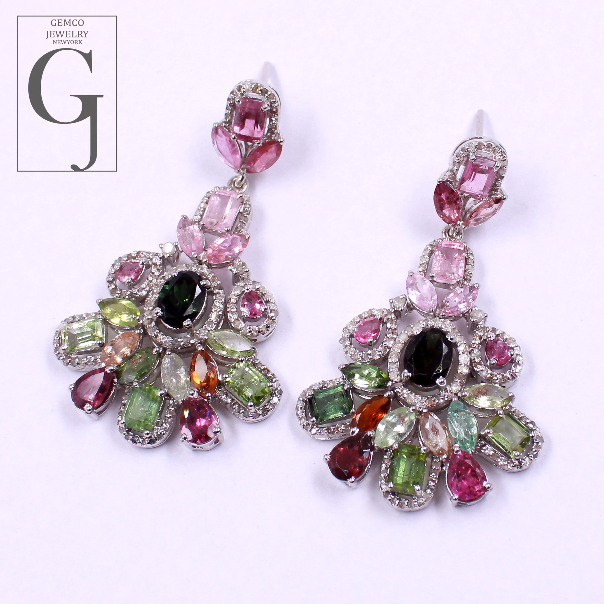 One Of A Kind Multi Tourmaline Earrings With Pave Diamonds 925 Sterling Silver Jewely Handmade Finish Diamond Earrings