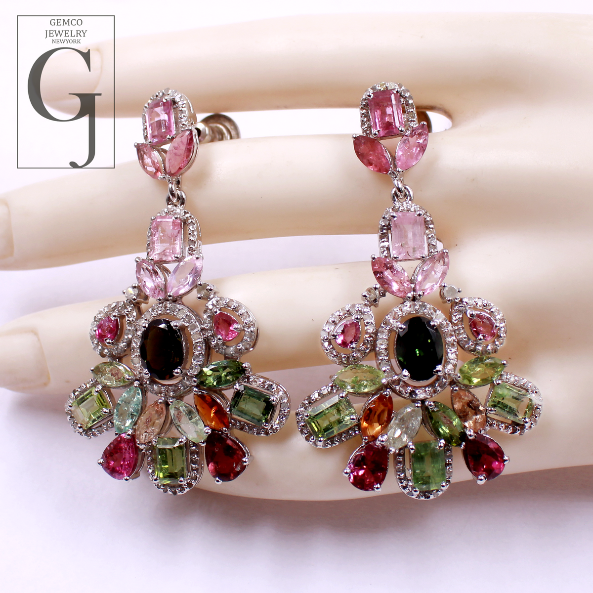 One Of A Kind Multi Tourmaline Earrings With Pave Diamonds 925 Sterling Silver Jewely Handmade Finish Diamond Earrings
