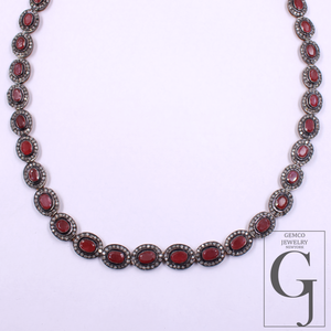 Natural Ruby & Daimond Necklace Set - 925 Sterling Silver Handmade Finish Jewelry