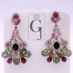 One Of A Kind Multi Tourmaline Earrings With Pave Diamonds 925 Sterling Silver Jewely Handmade Finish Diamond Earrings