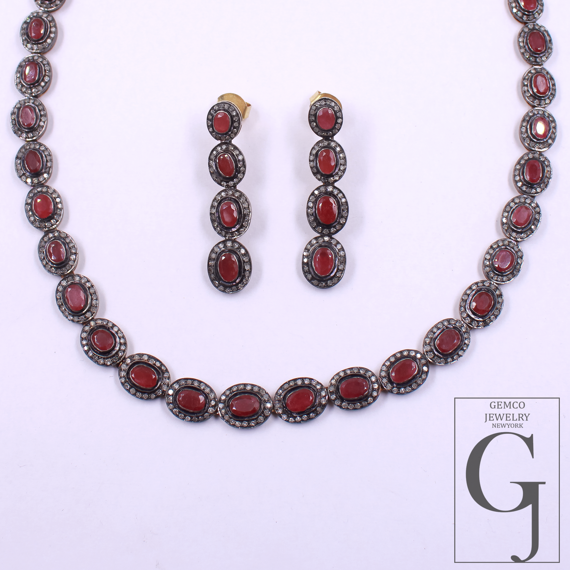 Natural Ruby & Daimond Necklace Set - 925 Sterling Silver Handmade Finish Jewelry