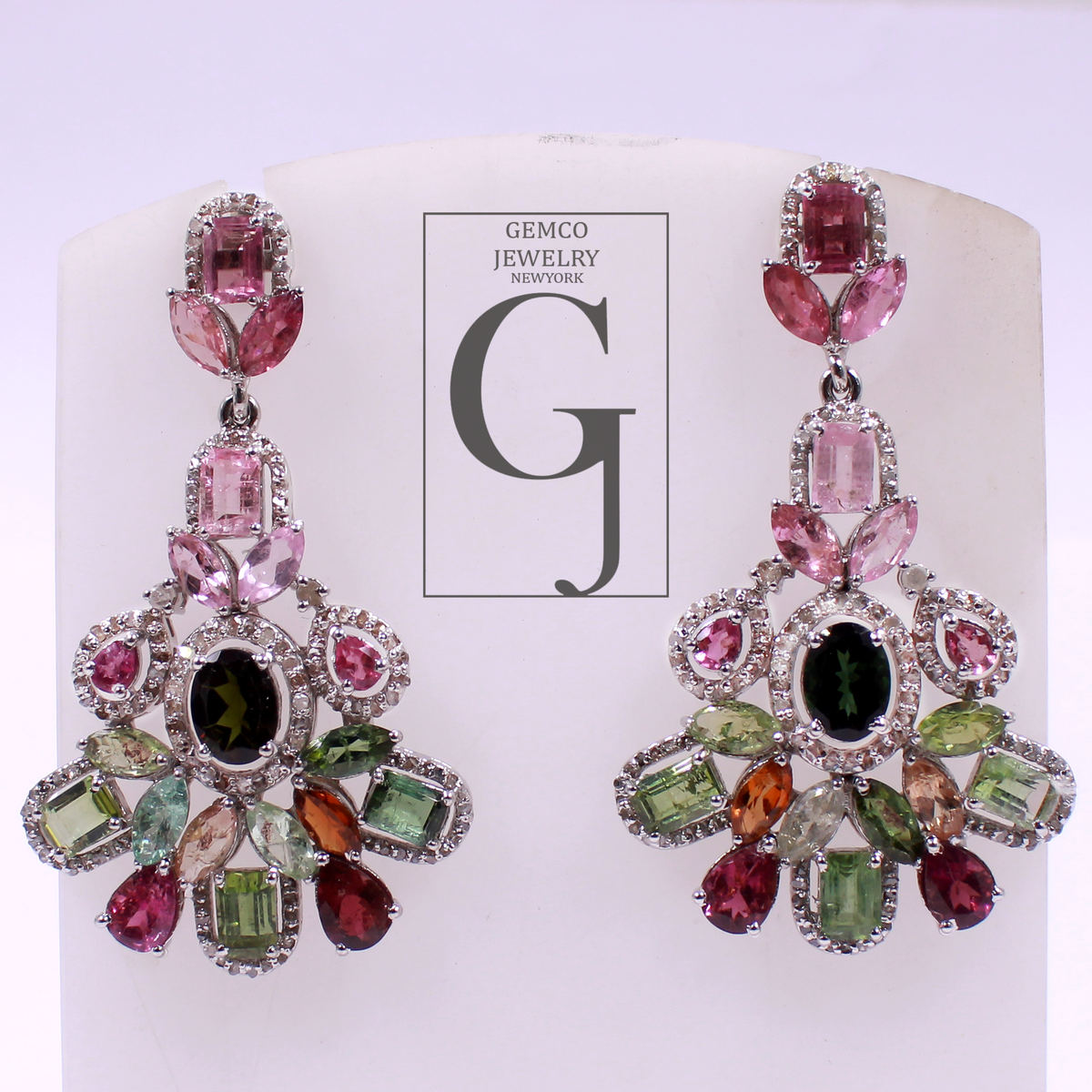 One Of A Kind Multi Tourmaline Earrings With Pave Diamonds 925 Sterling Silver Jewely Handmade Finish Diamond Earrings