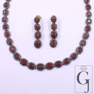 Natural Ruby & Daimond Necklace Set - 925 Sterling Silver Handmade Finish Jewelry