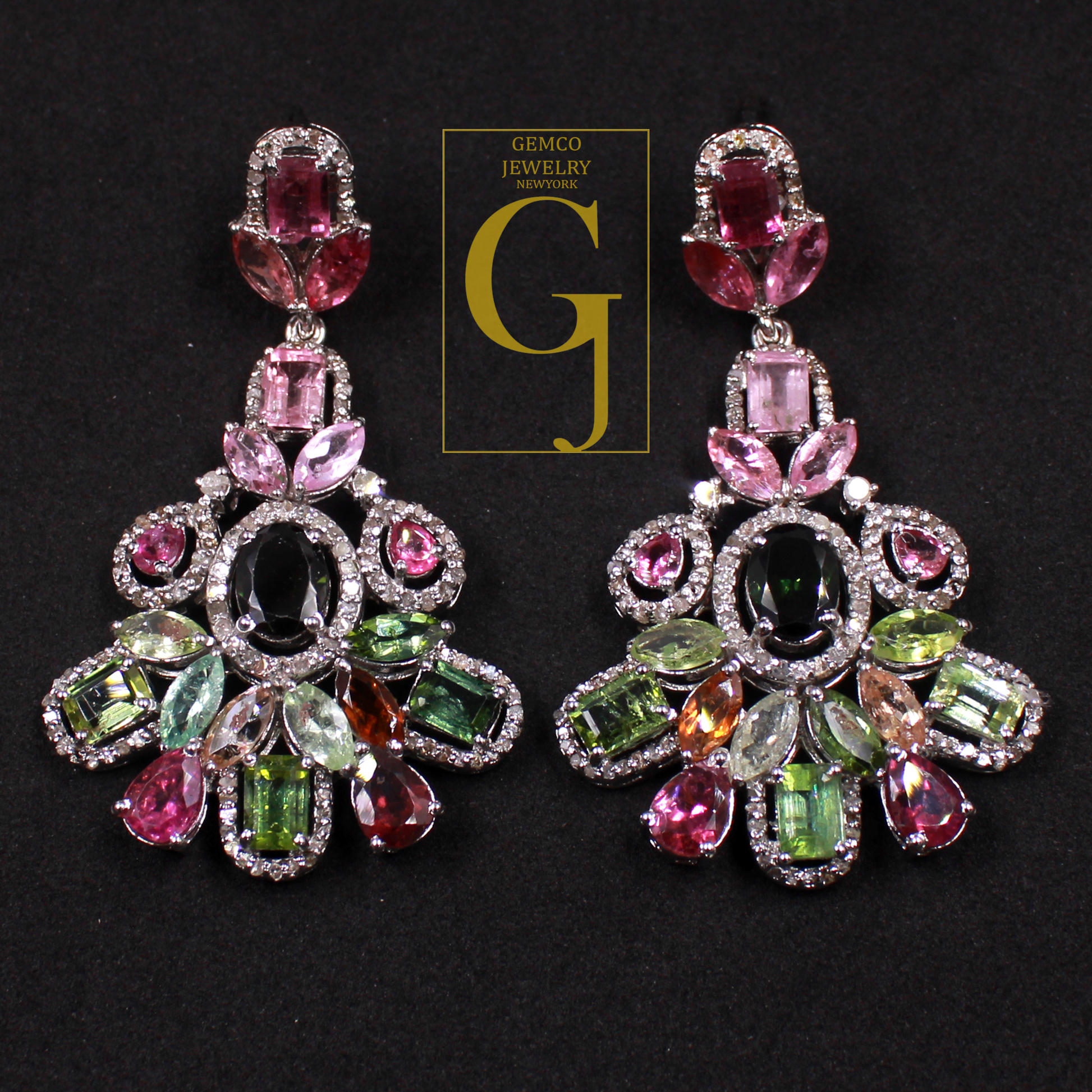 One Of A Kind Multi Tourmaline Earrings With Pave Diamonds 925 Sterling Silver Jewely Handmade Finish Diamond Earrings