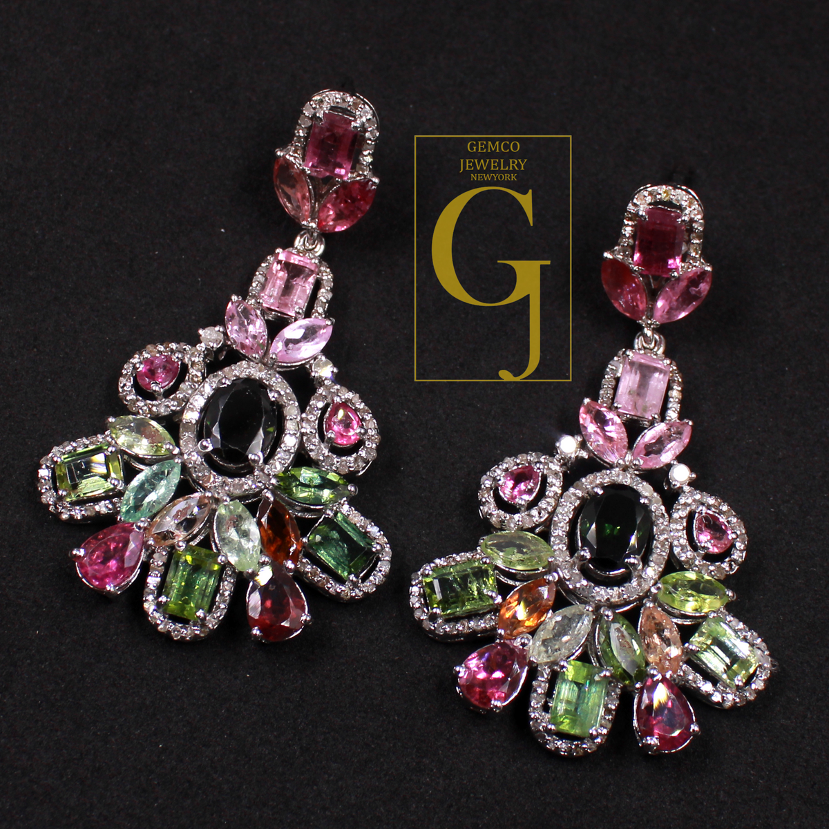 One Of A Kind Multi Tourmaline Earrings With Pave Diamonds 925 Sterling Silver Jewely Handmade Finish Diamond Earrings