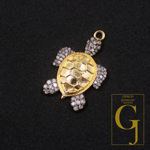 Natural Pave Diamond Tortoise Pendant - Vermeil Gold 925 Sterling Silver Handmade Finish Diamond Jewelry