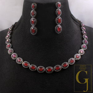 Natural Ruby & Daimond Necklace Set - 925 Sterling Silver Handmade Finish Jewelry