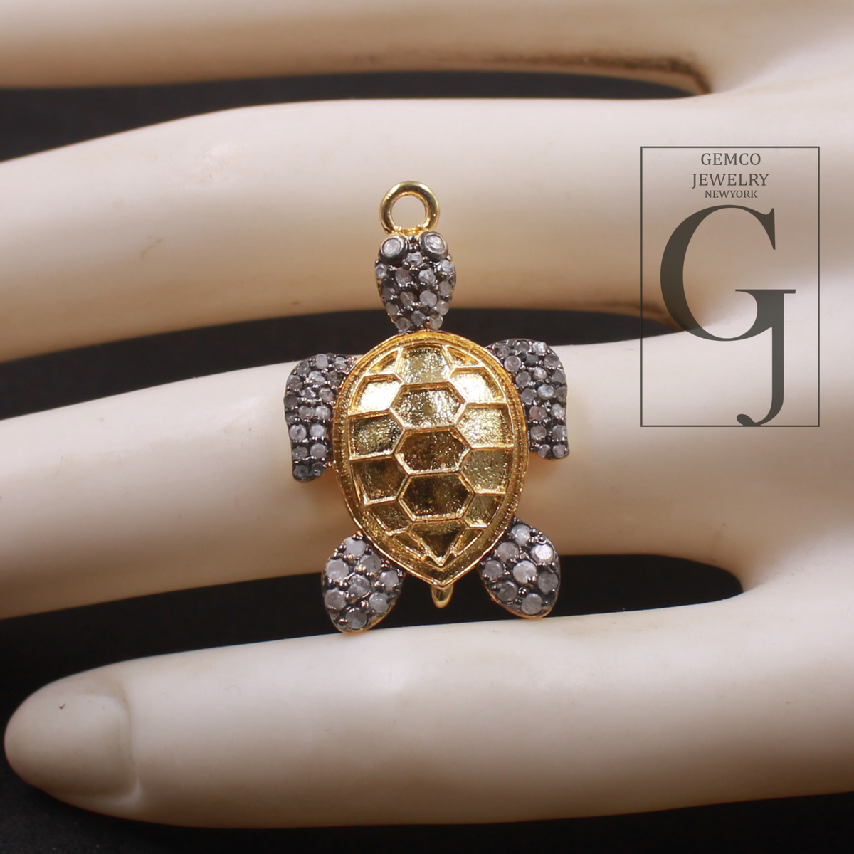 Natural Pave Diamond Tortoise Pendant - Vermeil Gold 925 Sterling Silver Handmade Finish Diamond Jewelry
