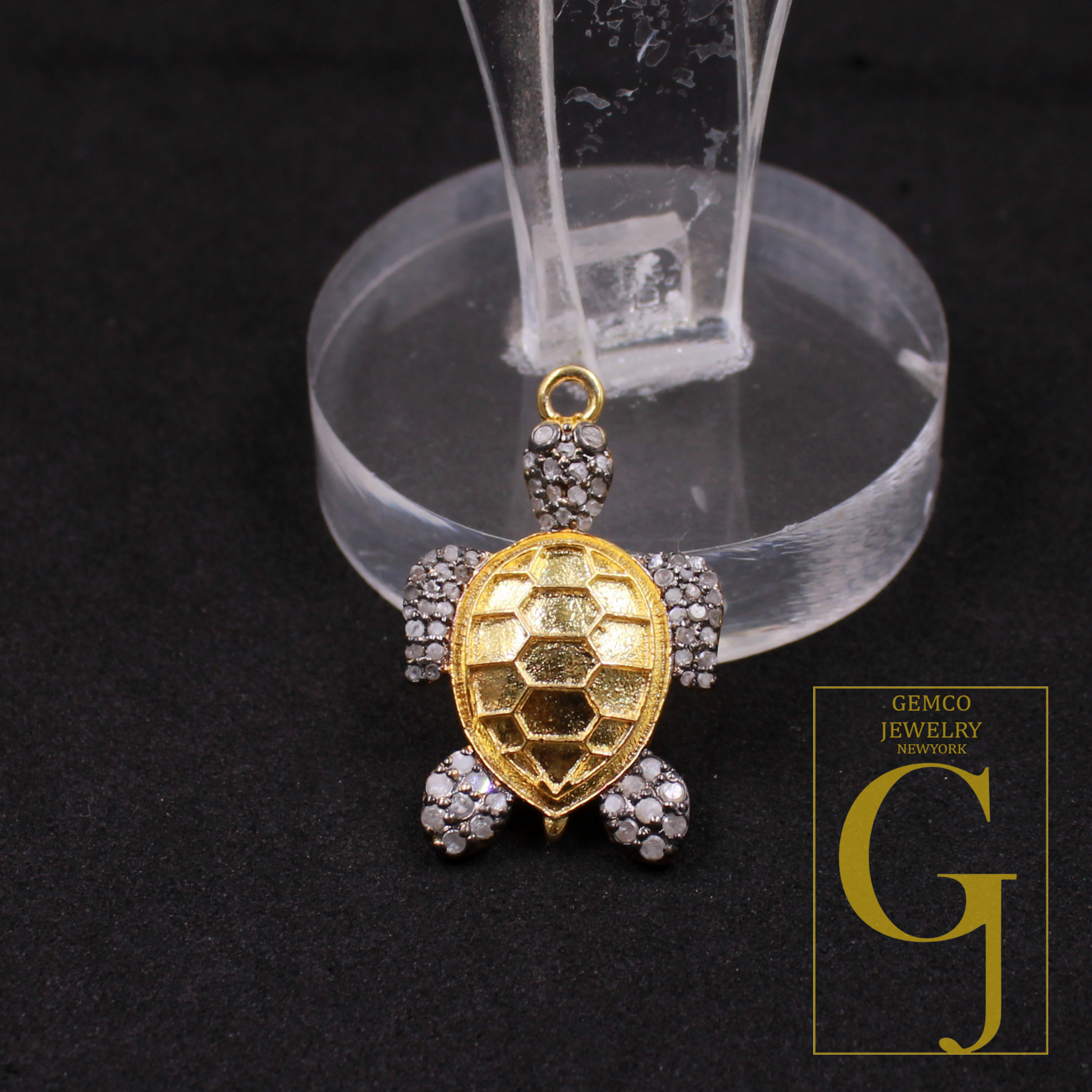 Natural Pave Diamond Tortoise Pendant - Vermeil Gold 925 Sterling Silver Handmade Finish Diamond Jewelry