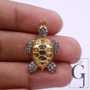 Natural Pave Diamond Tortoise Pendant - Vermeil Gold 925 Sterling Silver Handmade Finish Diamond Jewelry