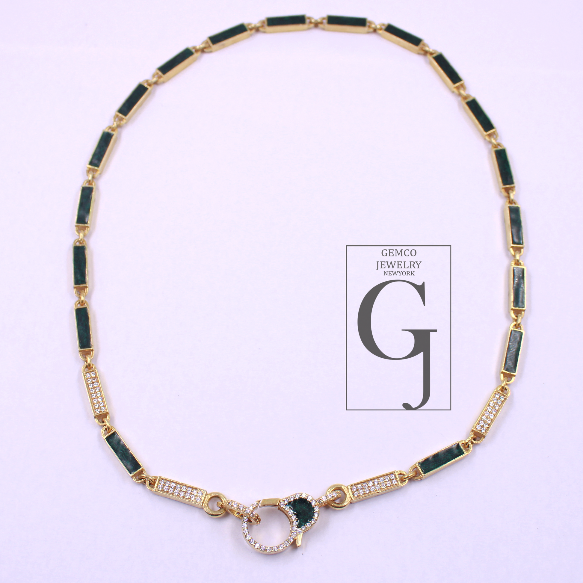 Green Pearl Enamel Necklace With Lab Grown Diamond - Handmade Finish Enamel Brass Jewelry