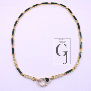Green Pearl Enamel Necklace With Lab Grown Diamond - Handmade Finish Enamel Brass Jewelry