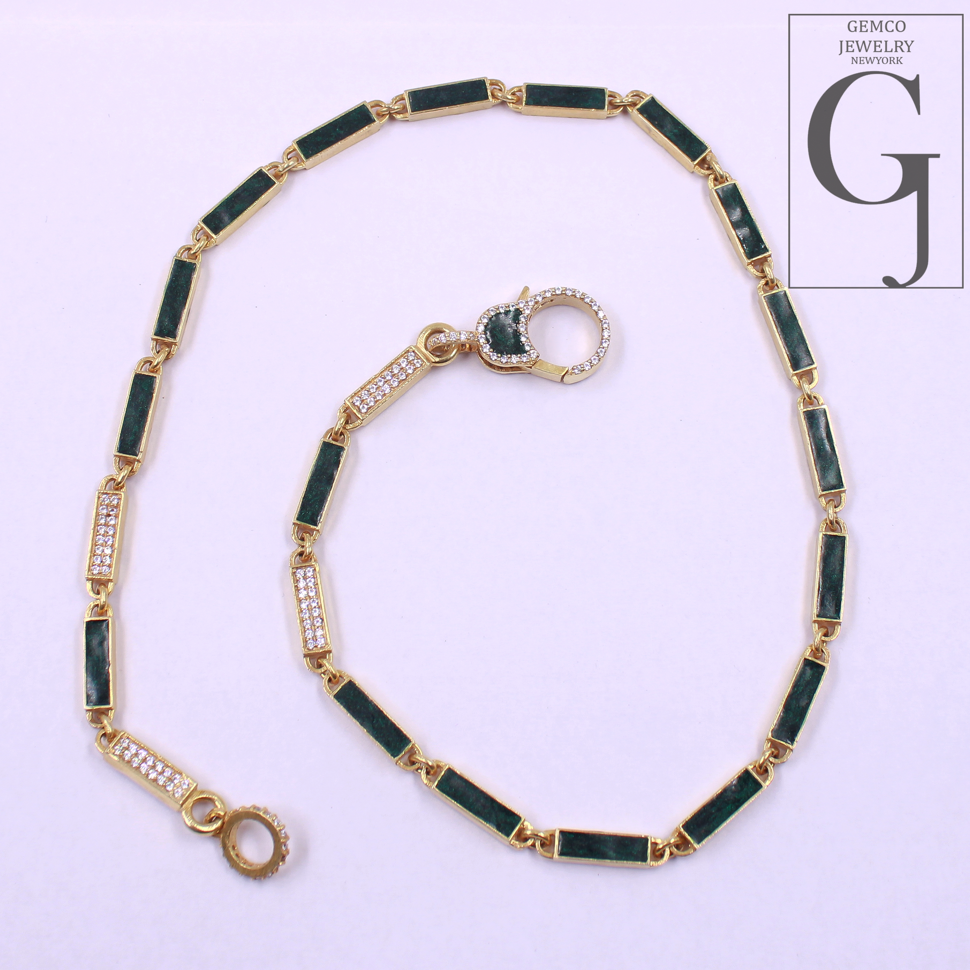 Green Pearl Enamel Necklace With Lab Grown Diamond - Handmade Finish Enamel Brass Jewelry
