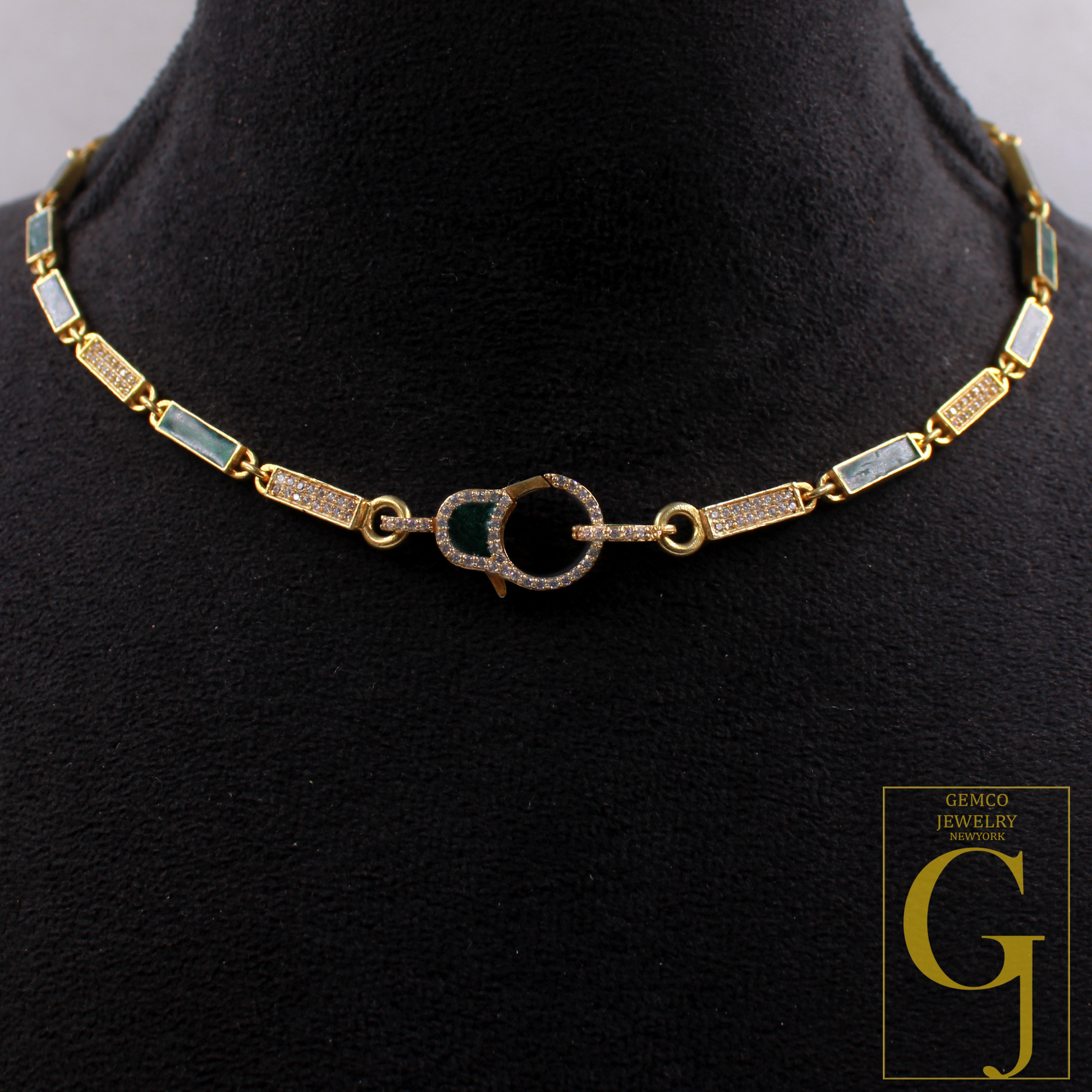 Green Pearl Enamel Necklace With Lab Grown Diamond - Handmade Finish Enamel Brass Jewelry