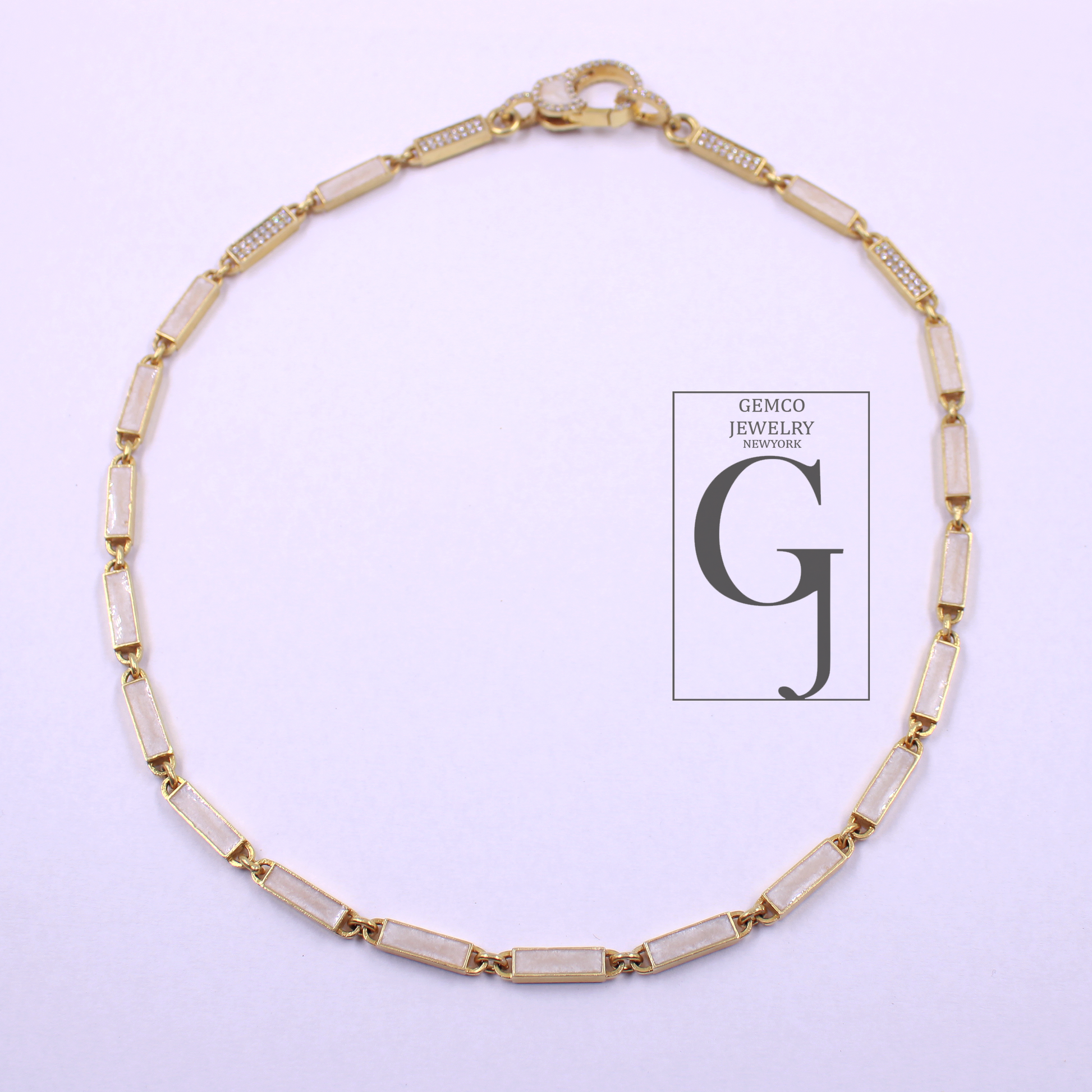White Pearl Enamel Necklace With Lab Grown Diamonds In Brass Handmade Finish Jewelry Necklace