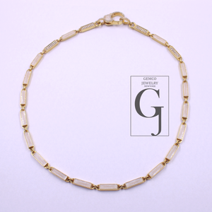 White Pearl Enamel Necklace With Lab Grown Diamonds In Brass Handmade Finish Jewelry Necklace