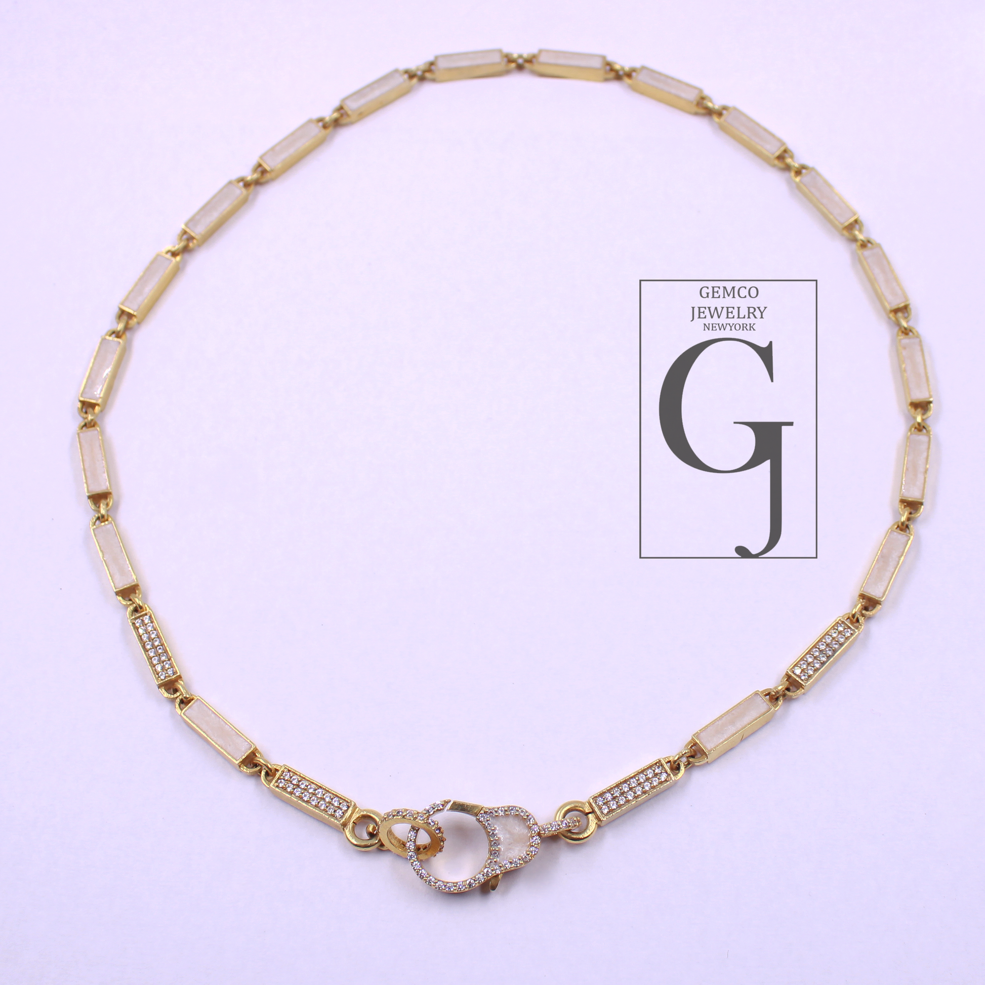 White Pearl Enamel Necklace With Lab Grown Diamonds In Brass Handmade Finish Jewelry Necklace