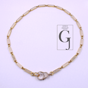 White Pearl Enamel Necklace With Lab Grown Diamonds In Brass Handmade Finish Jewelry Necklace
