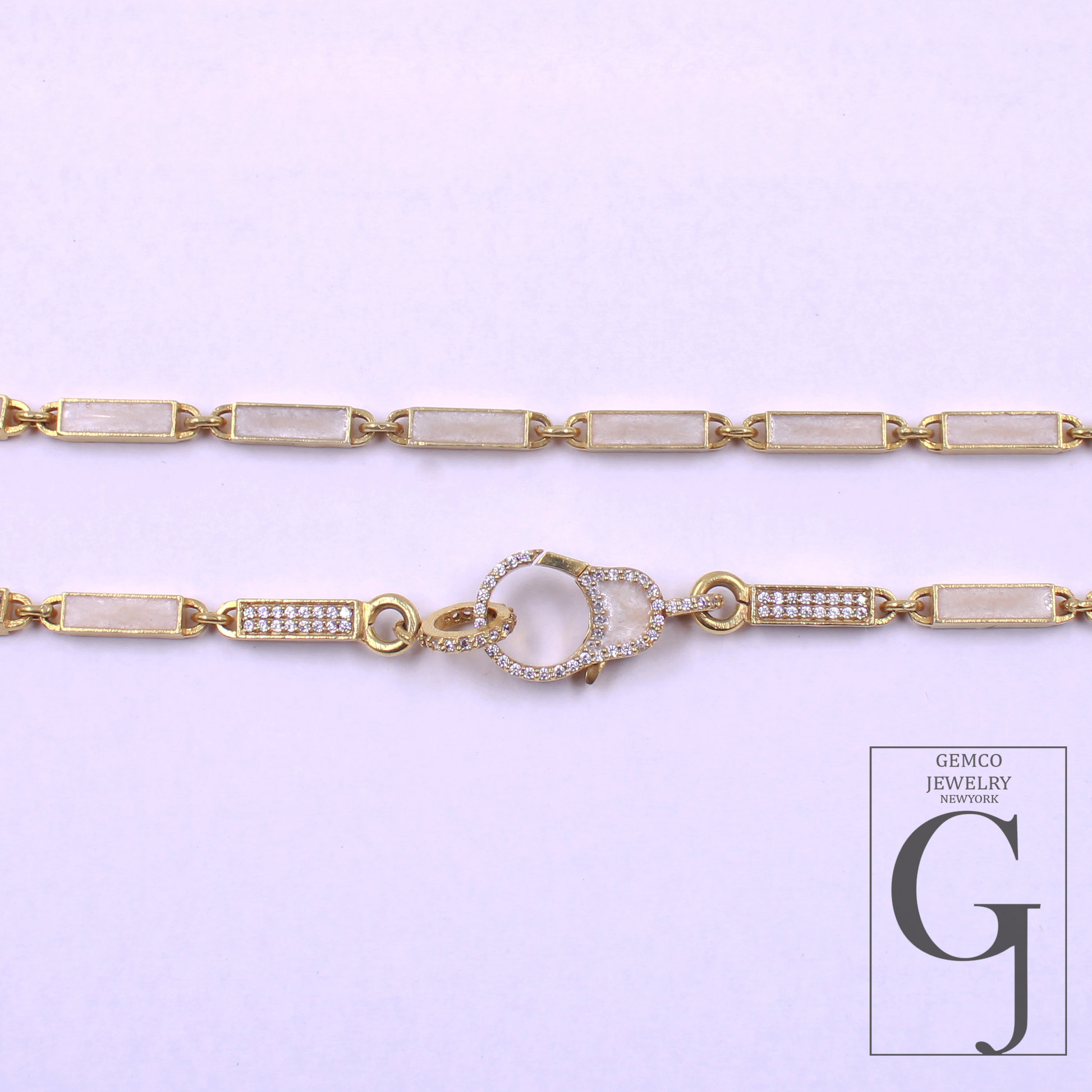 White Pearl Enamel Necklace With Lab Grown Diamonds In Brass Handmade Finish Jewelry Necklace
