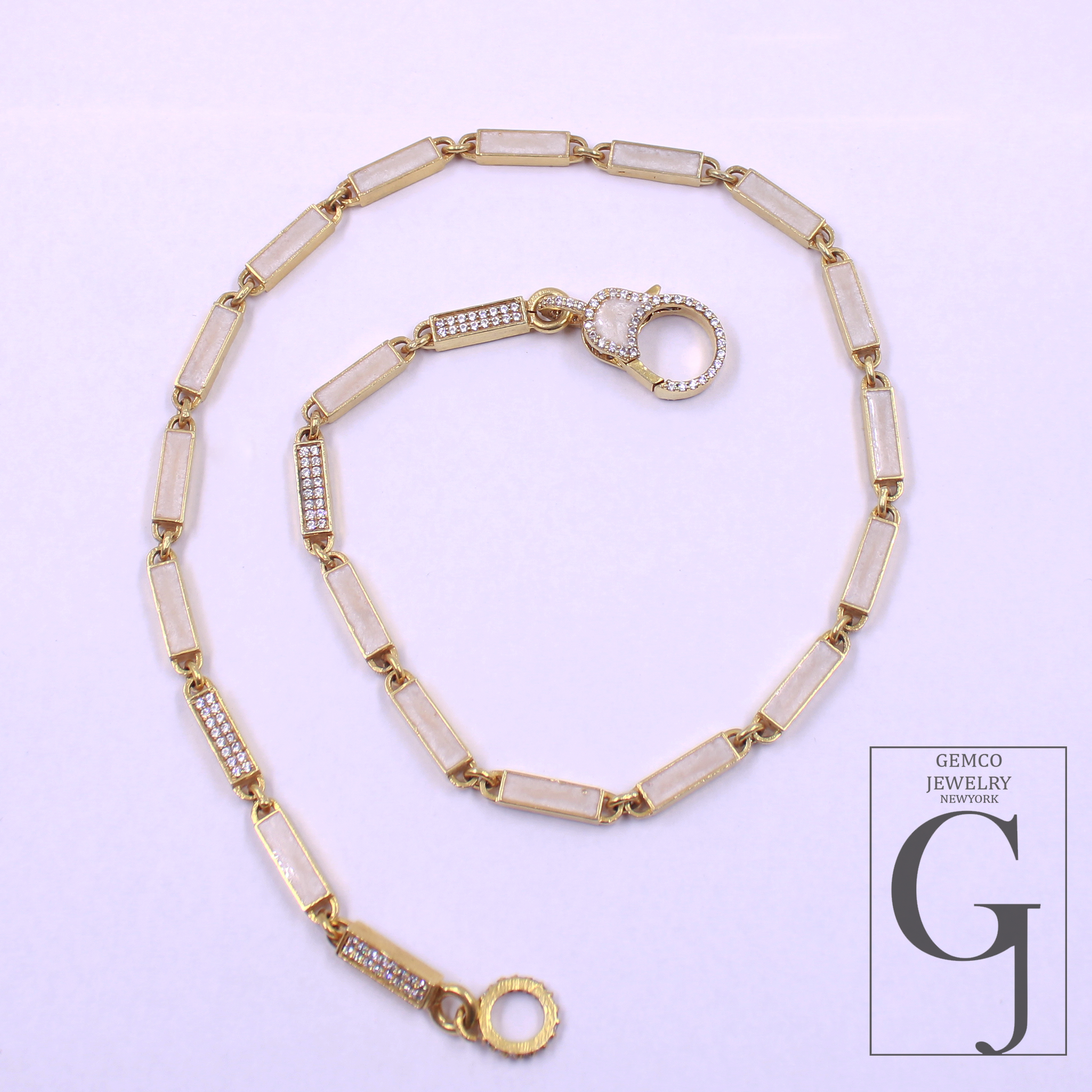 White Pearl Enamel Necklace With Lab Grown Diamonds In Brass Handmade Finish Jewelry Necklace