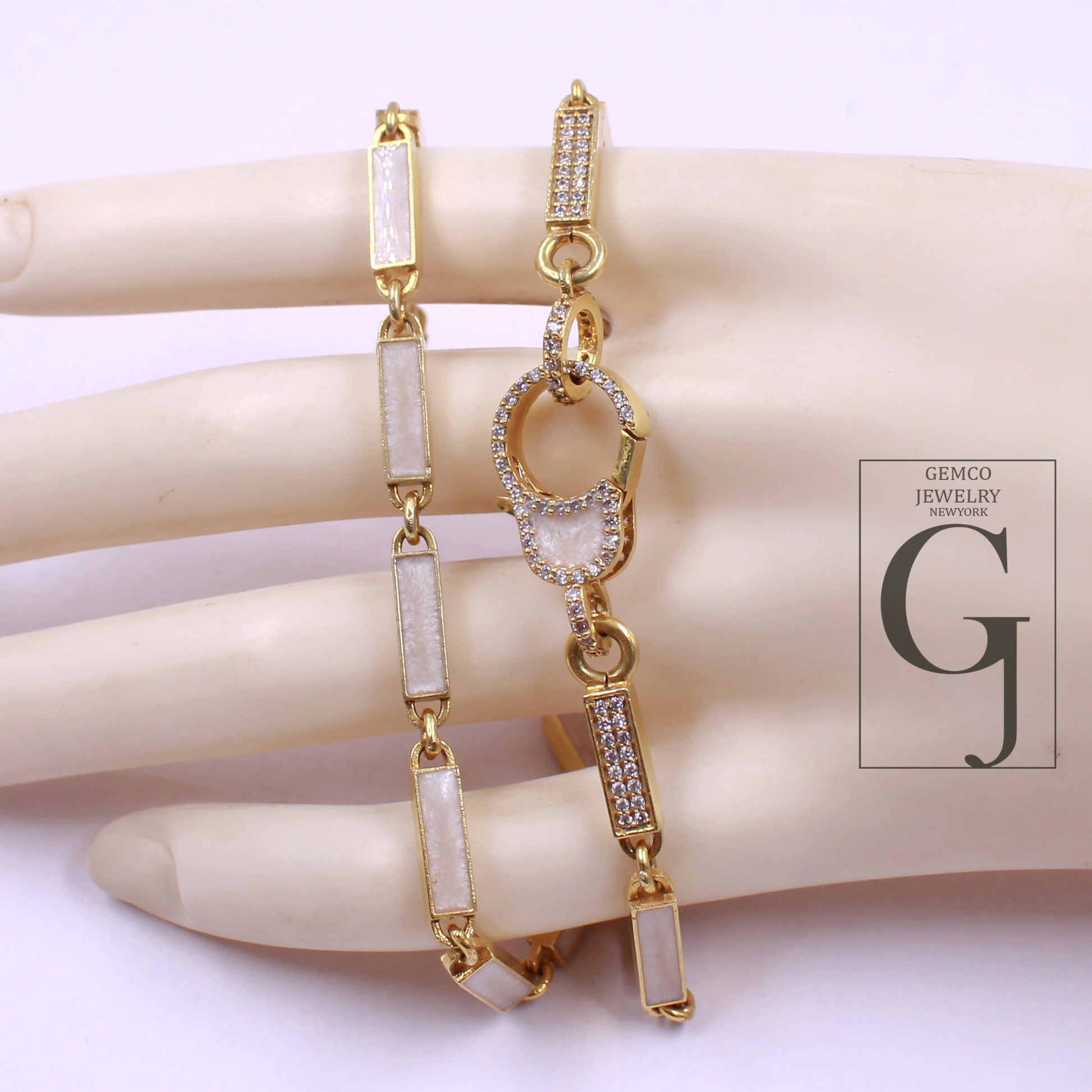 White Pearl Enamel Necklace With Lab Grown Diamonds In Brass Handmade Finish Jewelry Necklace