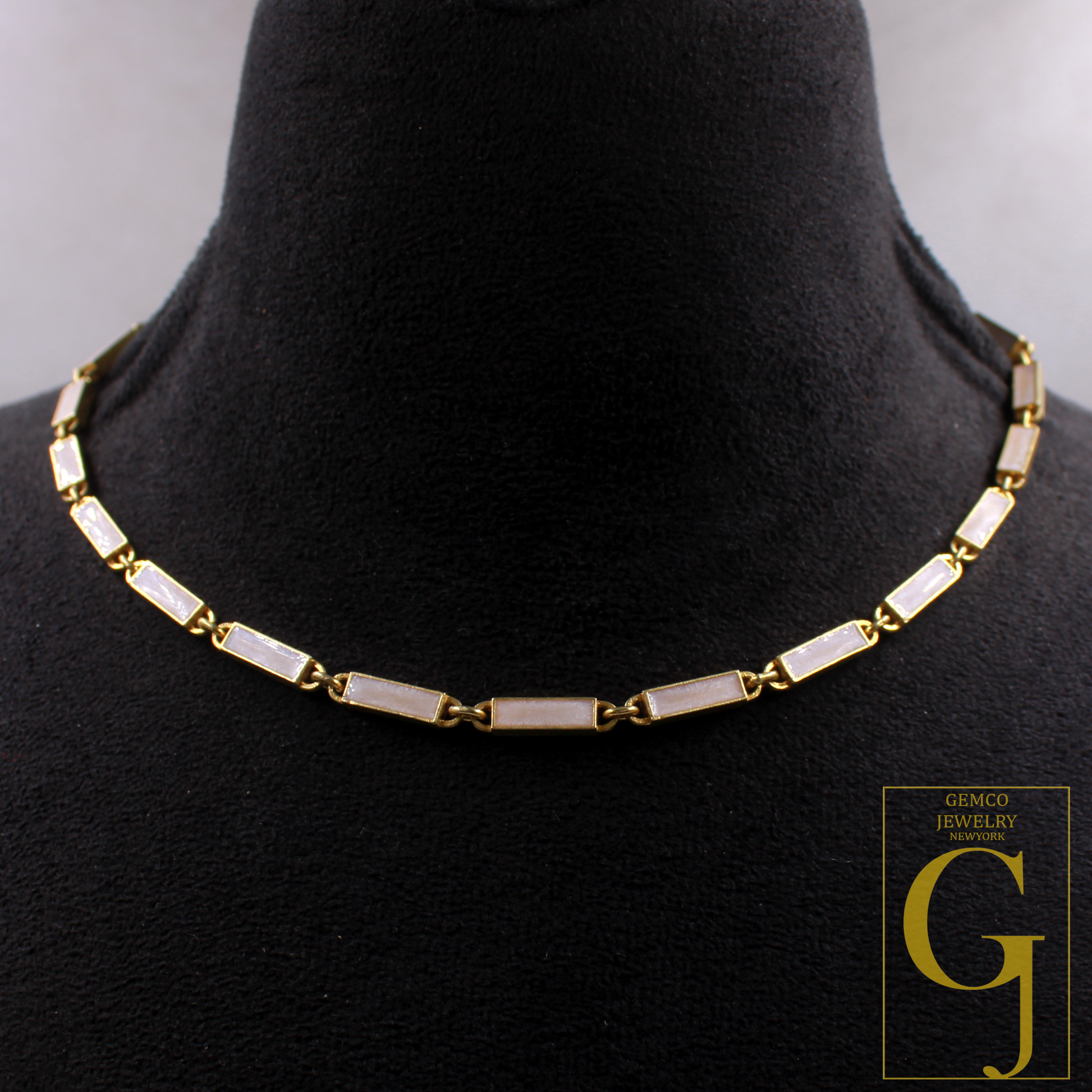 White Pearl Enamel Necklace With Lab Grown Diamonds In Brass Handmade Finish Jewelry Necklace