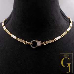 White Pearl Enamel Necklace With Lab Grown Diamonds In Brass Handmade Finish Jewelry Necklace