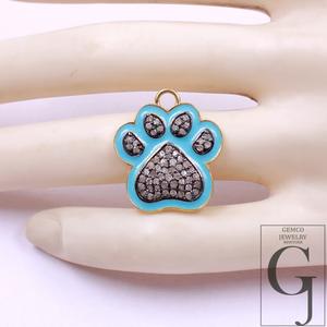 Designer Enamel Natural Pave Diamond Dog Foot Pendant - Vermeil Gold 925 Sterling Silver Handmade Finish Diamond Pendant Gift For Her