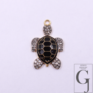 Designer Enamel Natural Pave Diamond Tortoise Pendant - Vermeil Gold 925 Sterling Silver Handmade Finish Diamond Jewelry