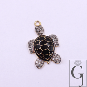 Designer Enamel Natural Pave Diamond Tortoise Pendant - Vermeil Gold 925 Sterling Silver Handmade Finish Diamond Jewelry