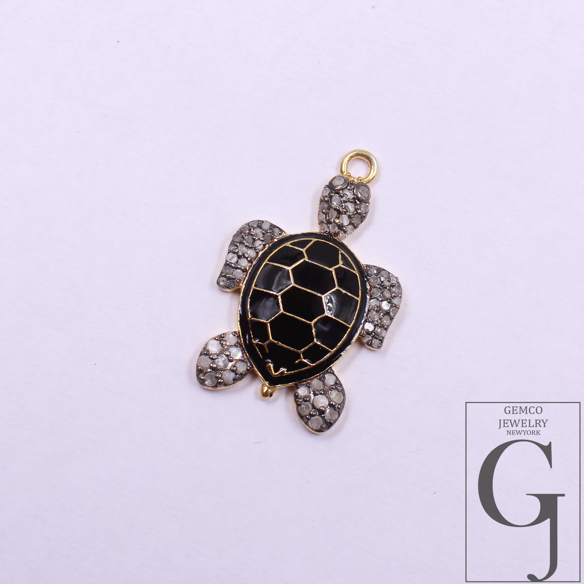 Designer Enamel Natural Pave Diamond Tortoise Pendant - Vermeil Gold 925 Sterling Silver Handmade Finish Diamond Jewelry