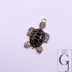 Designer Enamel Natural Pave Diamond Tortoise Pendant - Vermeil Gold 925 Sterling Silver Handmade Finish Diamond Jewelry