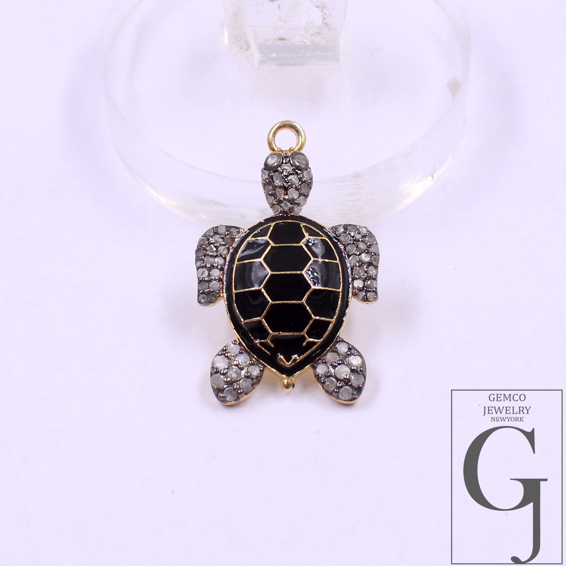 Designer Enamel Natural Pave Diamond Tortoise Pendant - Vermeil Gold 925 Sterling Silver Handmade Finish Diamond Jewelry