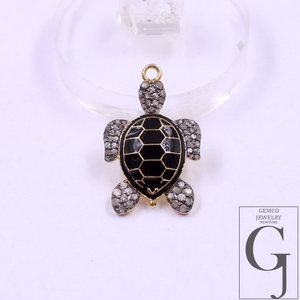 Designer Enamel Natural Pave Diamond Tortoise Pendant - Vermeil Gold 925 Sterling Silver Handmade Finish Diamond Jewelry