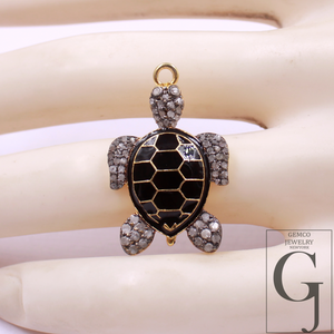 Designer Enamel Natural Pave Diamond Tortoise Pendant - Vermeil Gold 925 Sterling Silver Handmade Finish Diamond Jewelry