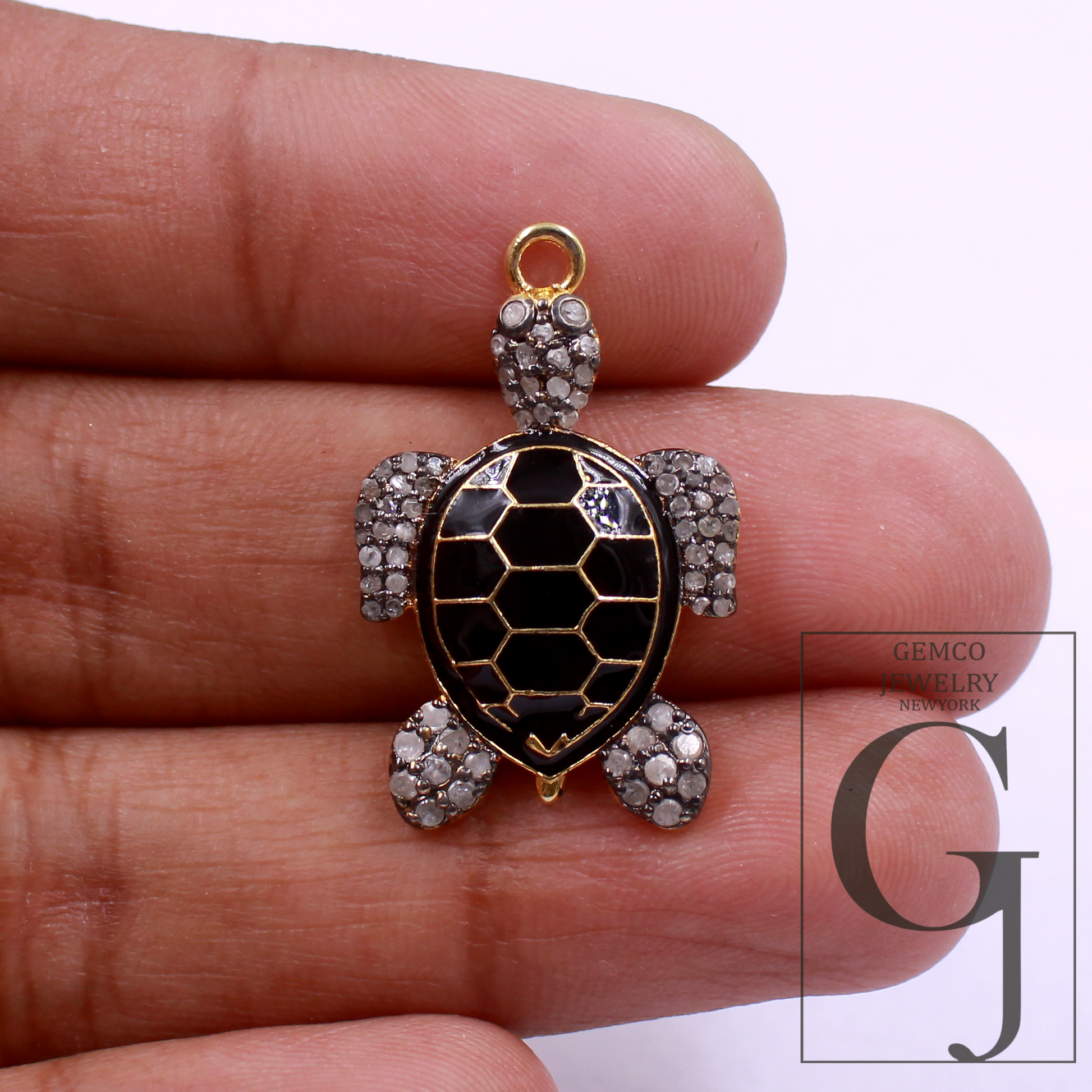 Designer Enamel Natural Pave Diamond Tortoise Pendant - Vermeil Gold 925 Sterling Silver Handmade Finish Diamond Jewelry