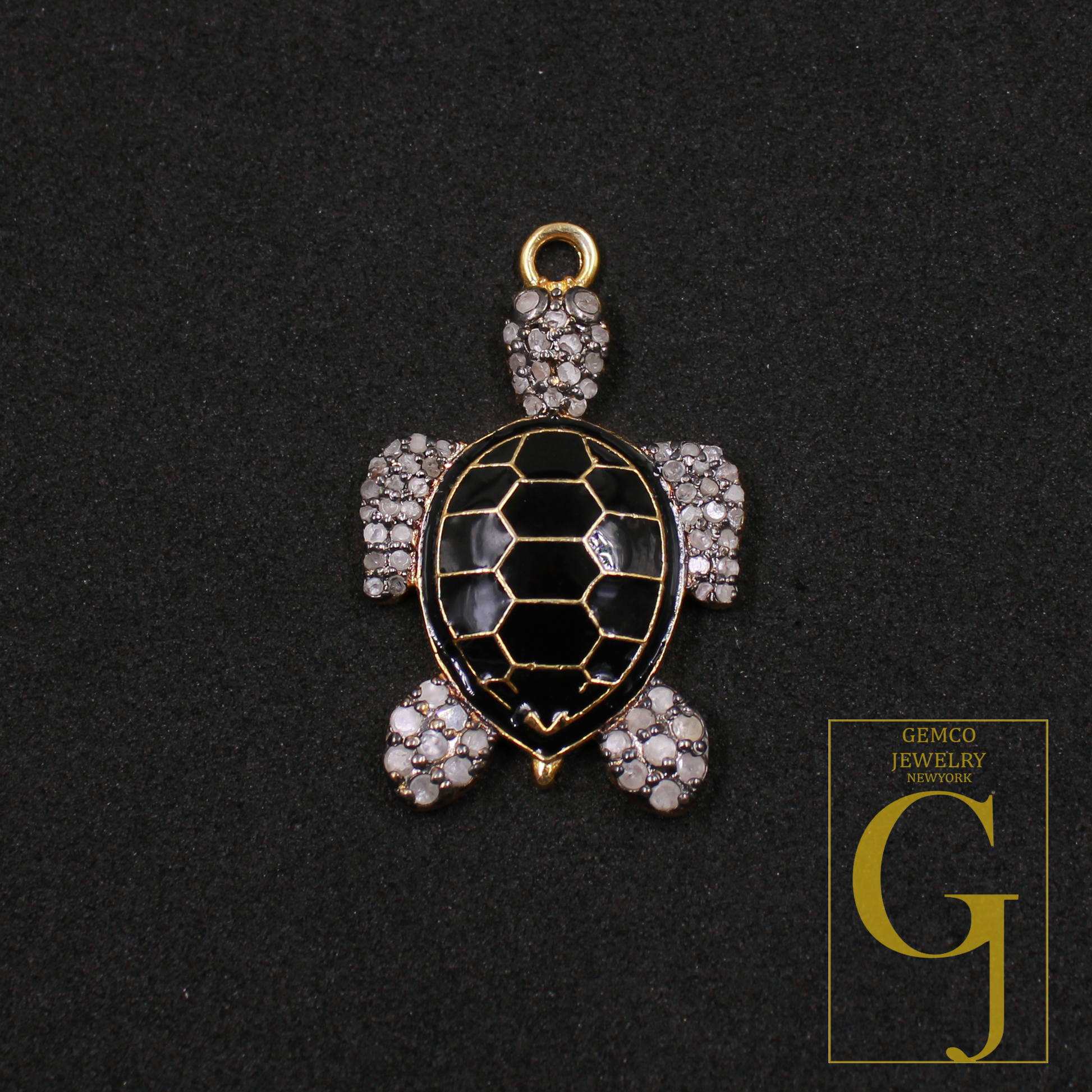 Designer Enamel Natural Pave Diamond Tortoise Pendant - Vermeil Gold 925 Sterling Silver Handmade Finish Diamond Jewelry