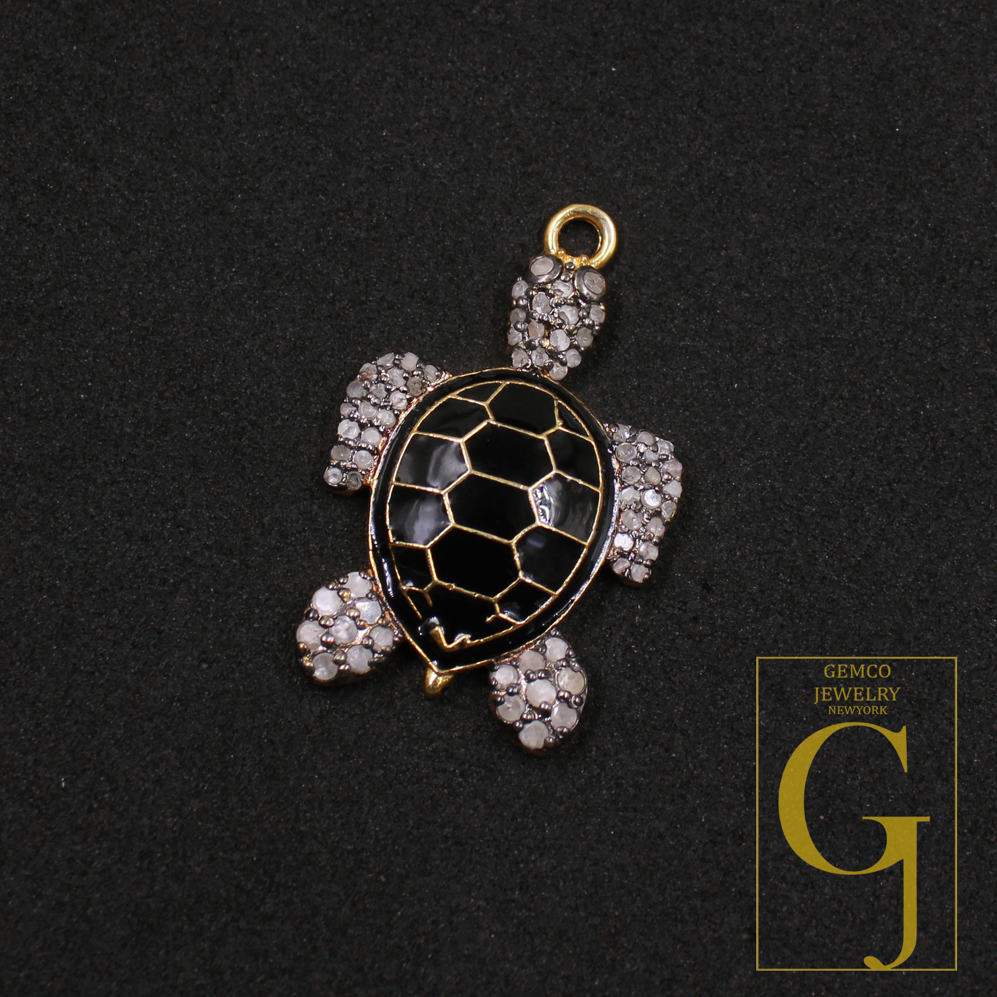 Designer Enamel Natural Pave Diamond Tortoise Pendant - Vermeil Gold 925 Sterling Silver Handmade Finish Diamond Jewelry