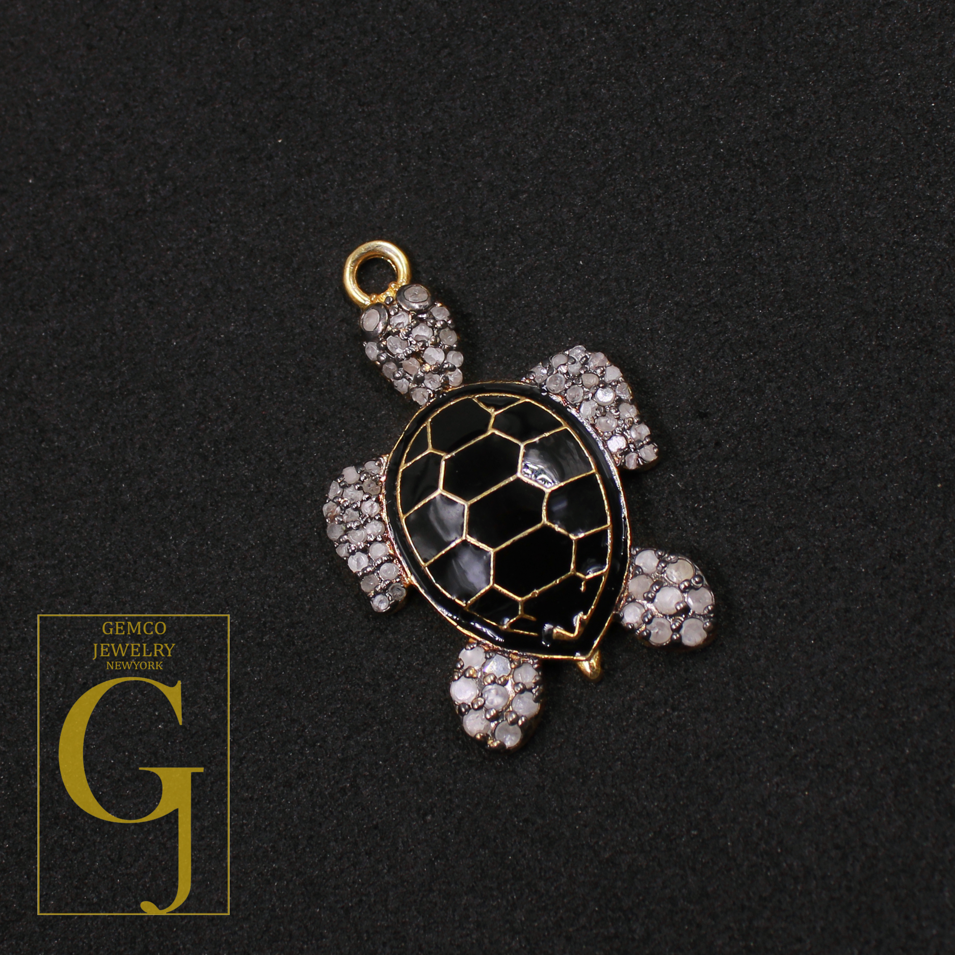 Designer Enamel Natural Pave Diamond Tortoise Pendant - Vermeil Gold 925 Sterling Silver Handmade Finish Diamond Jewelry