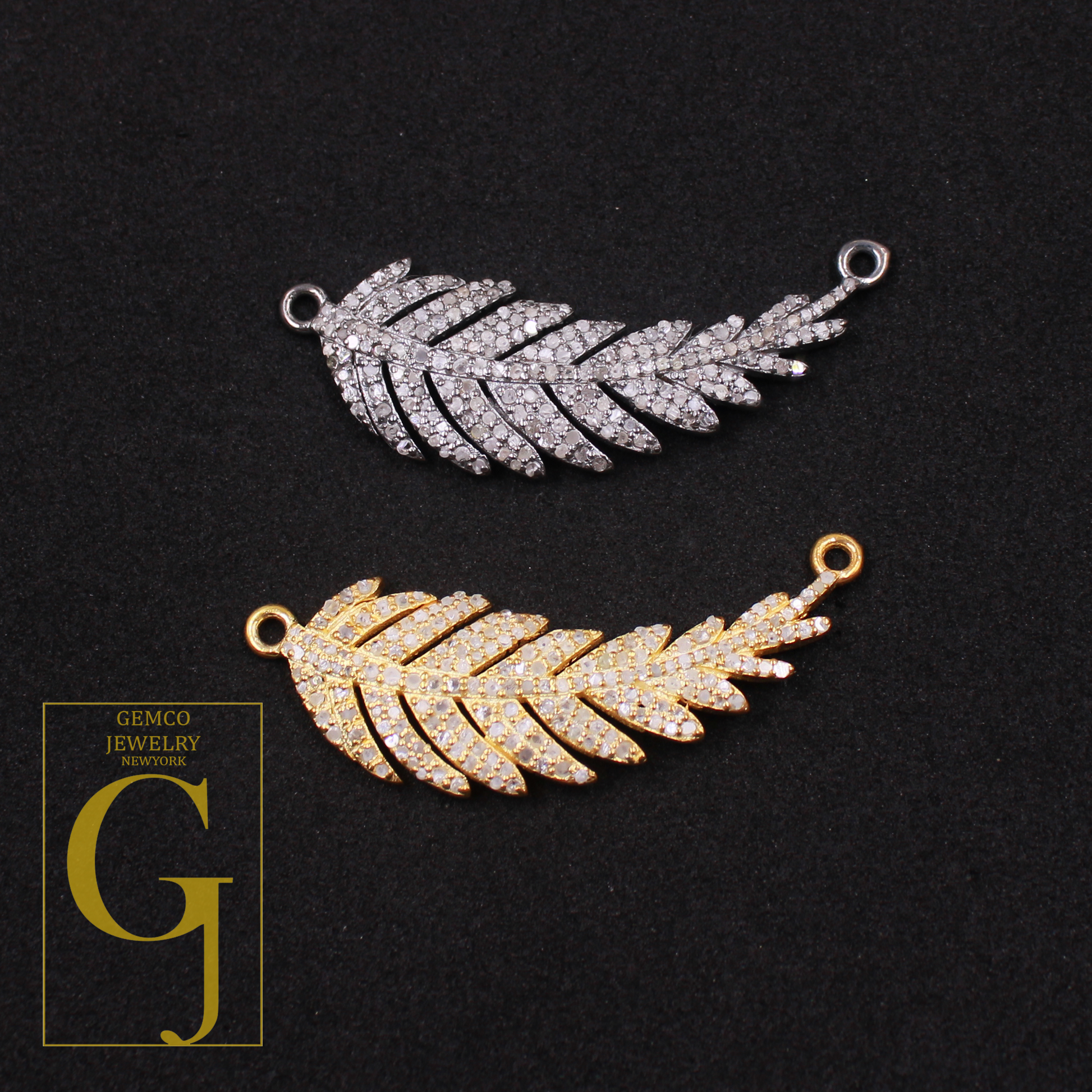 Natural Pave Diamonds Leaf Connector - Handmade Finish 925 Sterling Silver Diamond Jewelry