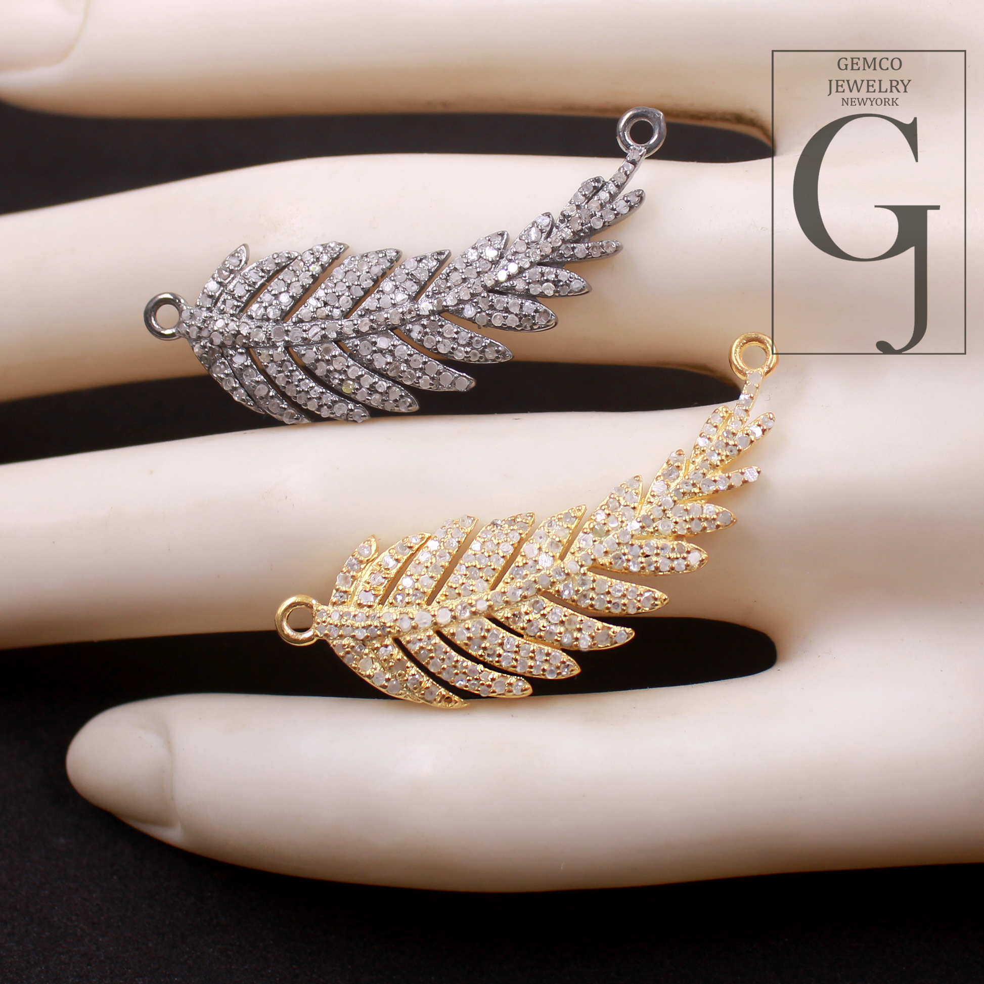 Natural Pave Diamonds Leaf Connector - Handmade Finish 925 Sterling Silver Diamond Jewelry