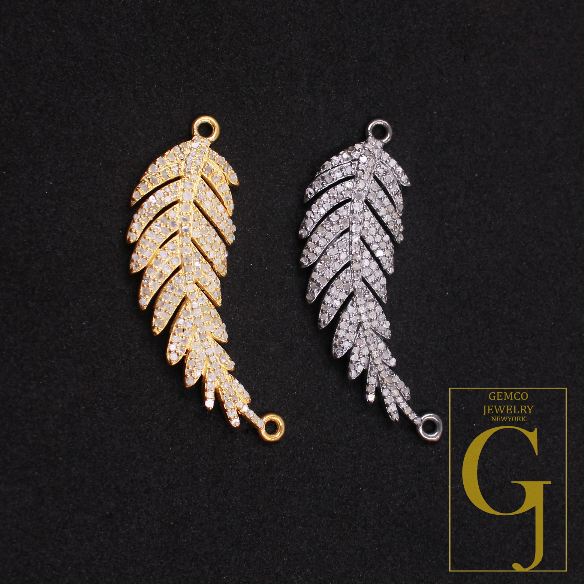 Natural Pave Diamonds Leaf Connector - Handmade Finish 925 Sterling Silver Diamond Jewelry