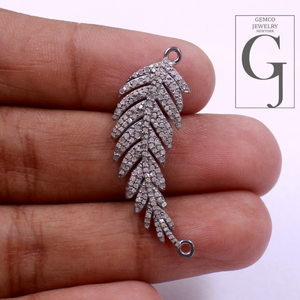 Natural Pave Diamonds Leaf Connector - Handmade Finish 925 Sterling Silver Diamond Jewelry