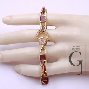 Brown Pearl Enamel Bracelet With Lab Grown Diamonds - Handmade Finish Brass Jewelry Bracelet