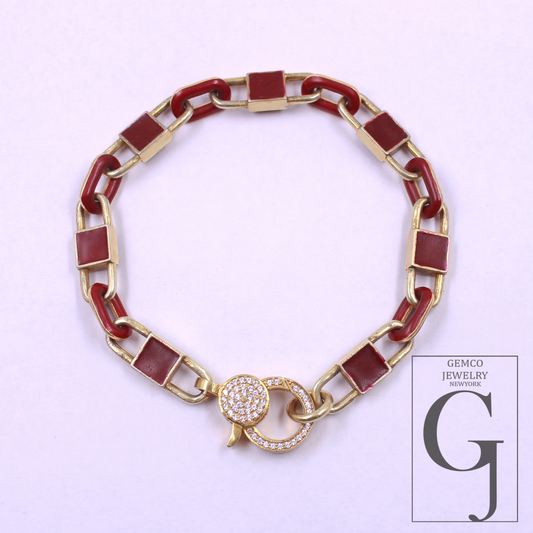 Brown Pearl Enamel Bracelet With Lab Grown Diamonds - Handmade Finish Brass Jewelry Bracelet
