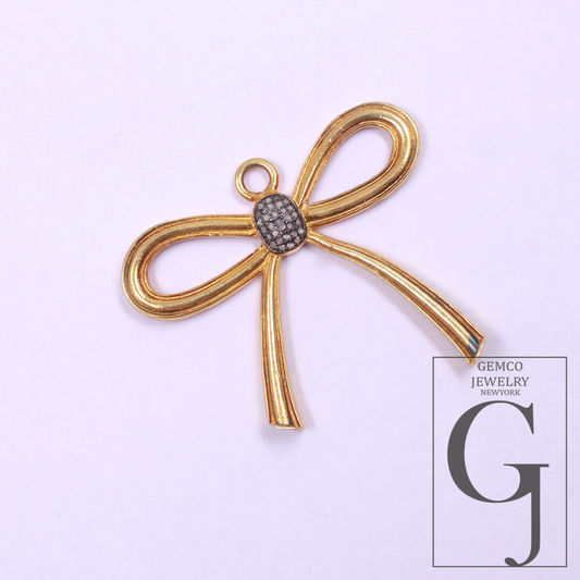 Designer Bow Pendant Rosecut Pave Diamond Pendant - Sterling Silver Handmade Diamond Charm Jewelry Gift For Her