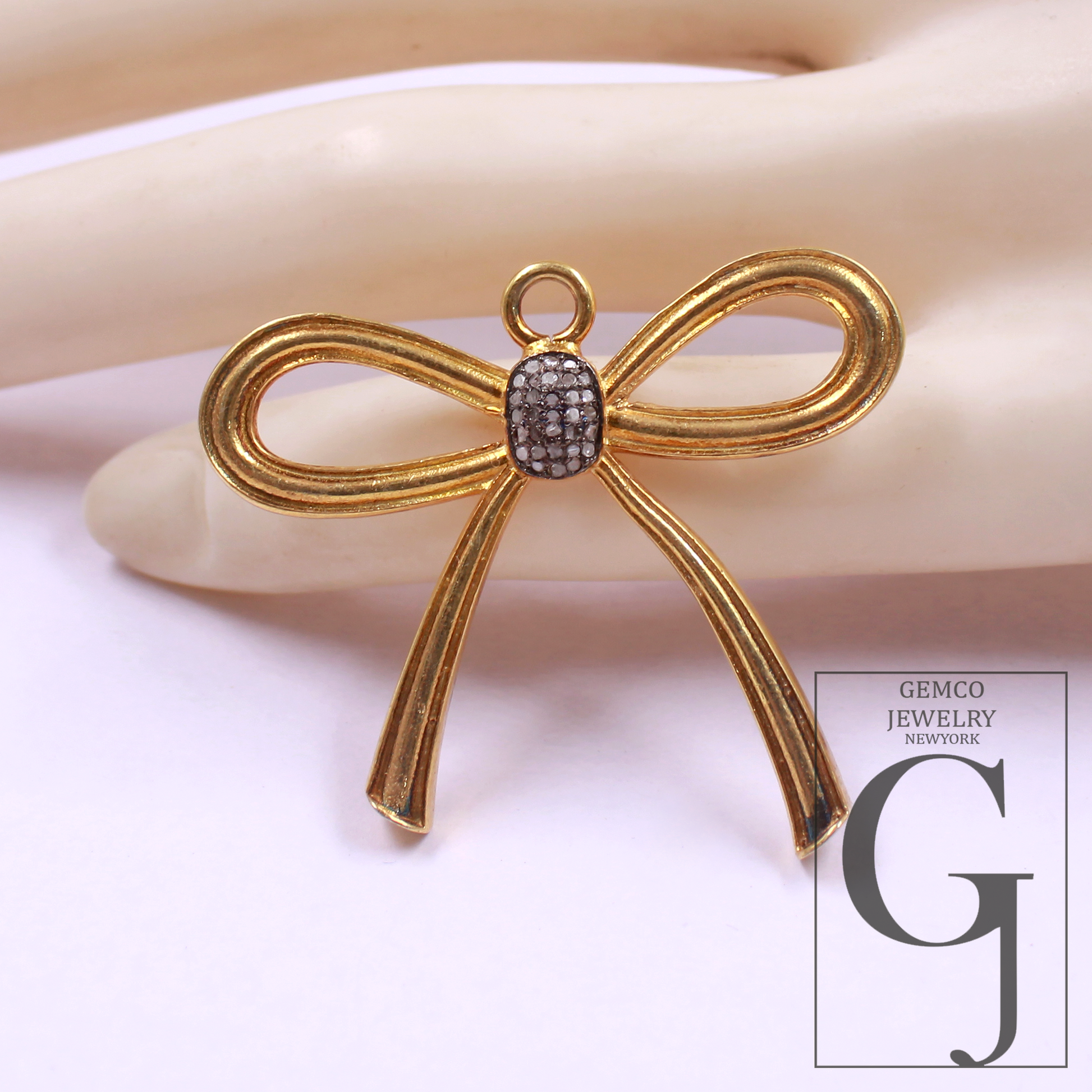 Designer Bow Pendant Rosecut Pave Diamond Pendant - Sterling Silver Handmade Diamond Charm Jewelry Gift For Her
