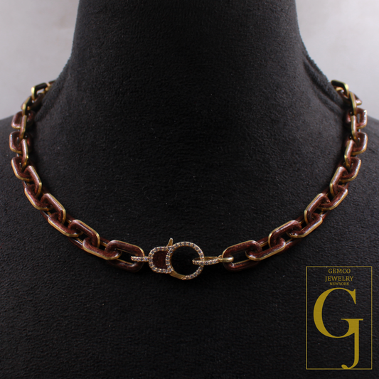 Amazing Brown Pearl Enamel Necklace With Lab Grown Diamonds - Brass Jewelry Handmade Finish Jewelry