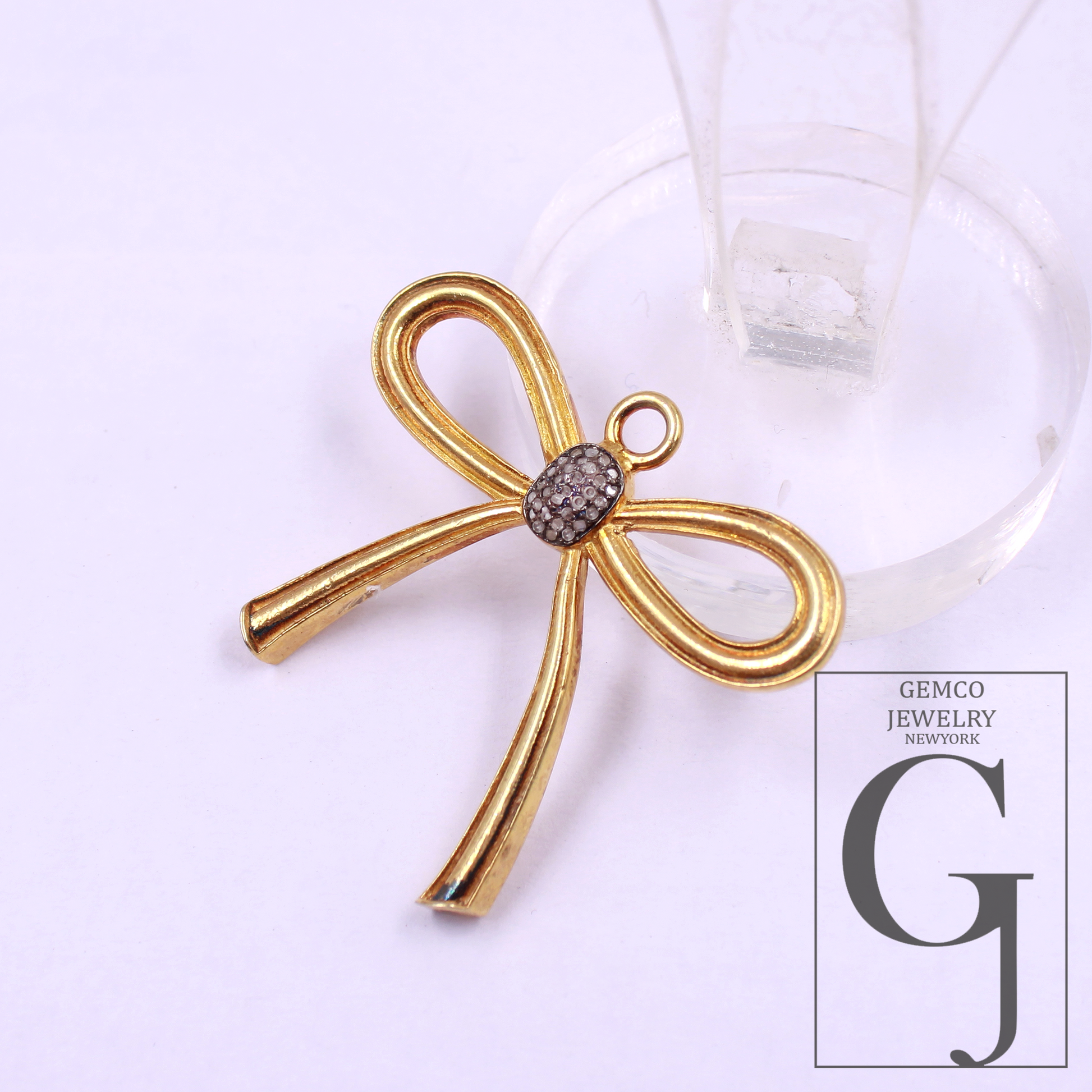 Designer Bow Pendant Rosecut Pave Diamond Pendant - Sterling Silver Handmade Diamond Charm Jewelry Gift For Her